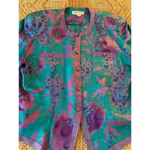 80's Vintage NORA NOH cropped silk Blazer floral abstract Size 16 - Picture 3 of 8